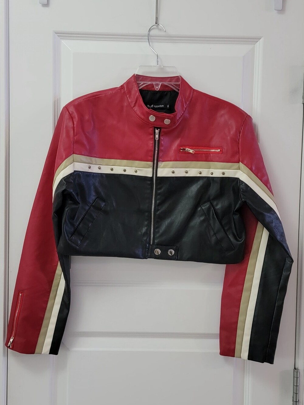 Red Black Faux Leather Short Jacket Streetwear Snap Zipper Stand Neck Outerwear - Picture 2 of 9